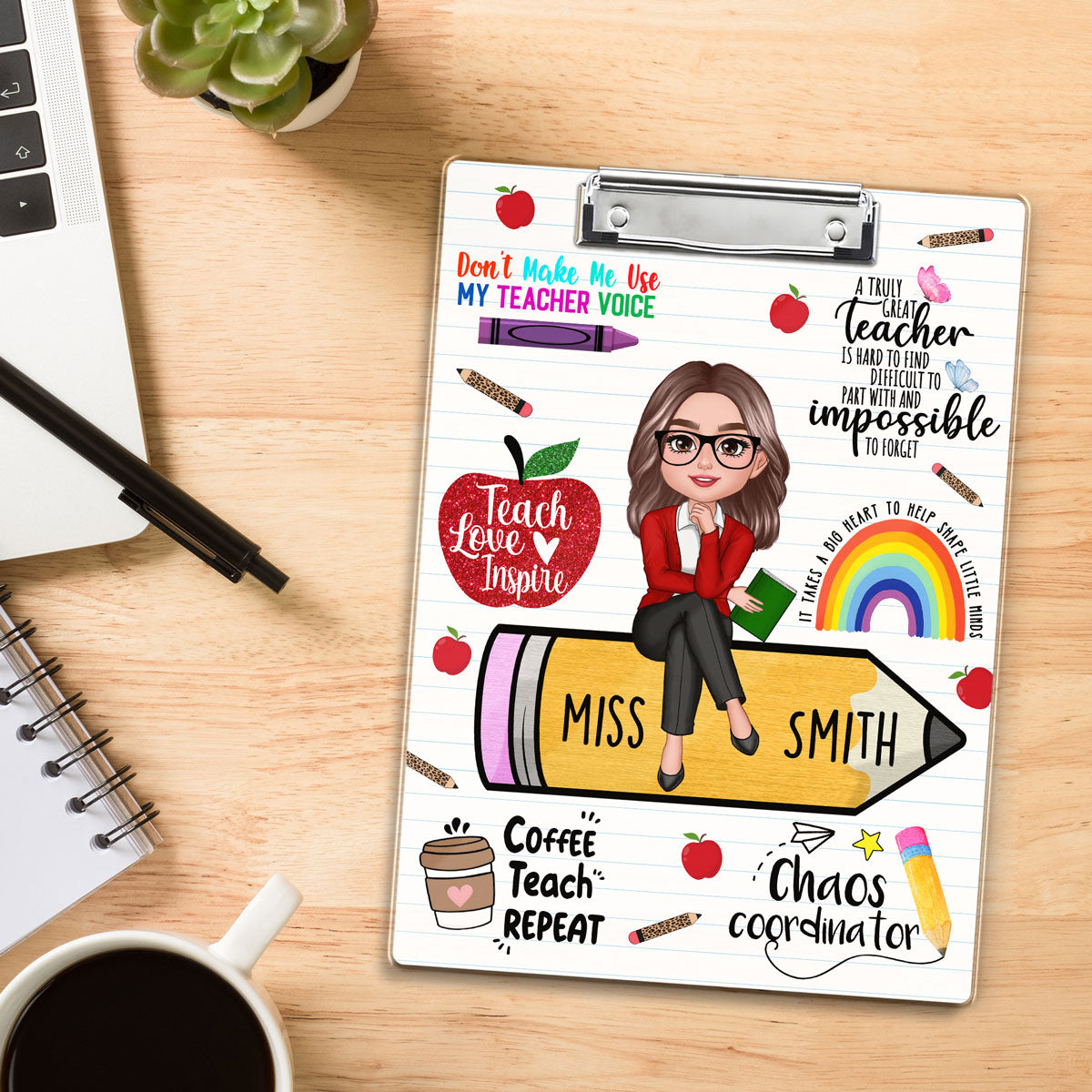 Teacher Sitting On Pencil Personalized Clipboard, Appreciation Gift