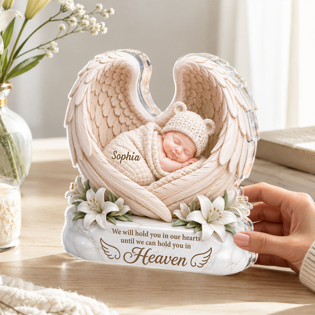 We Will Hold you in Our Hearts - Personalized Acrylic Block Plaque - Custom Infant Loss Gift, Miscarriage Baby Awareness Keepsake