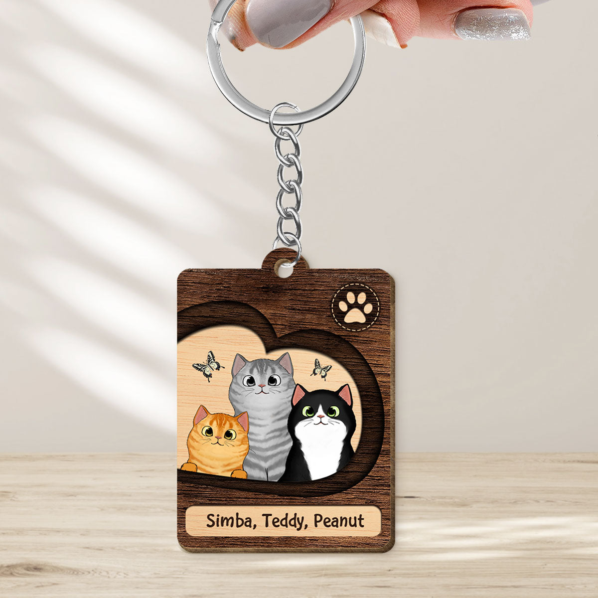 Cute Peeking Cat With Butterfly Personalized Wooden Keychain