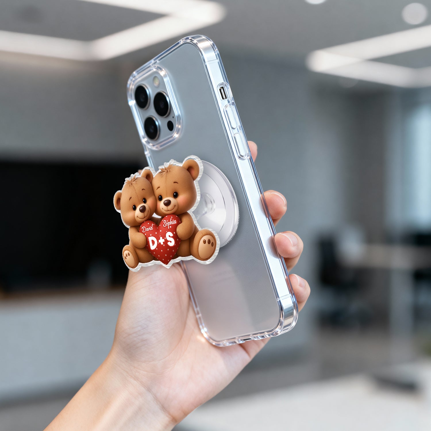 Bear Couple Holding Heart - Personalized Acrylic Magnetic Phone Grip - Gift for him, for her, Matching Phone Grips for Couple