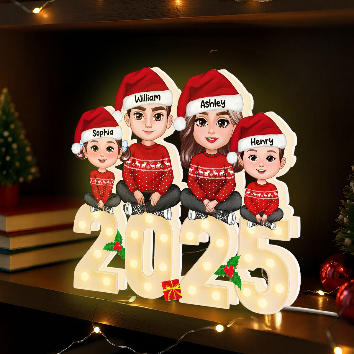 Family Sitting On Marquee Effect Letter Personalized LED Light Box, Christmas Decor For Family