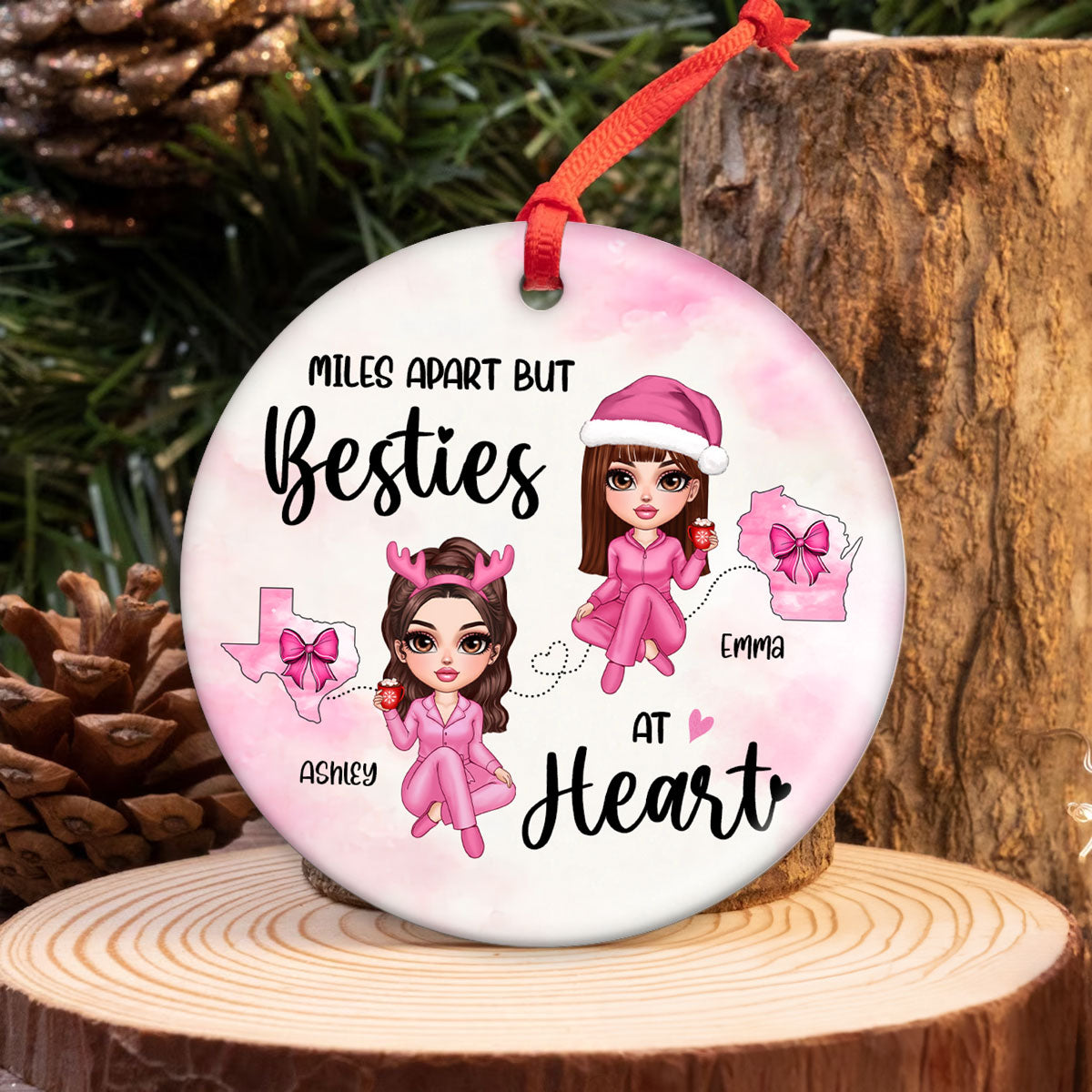 Long Distance Coquette Besties Sisters Personalized Circle Ornament, Christmas Gift