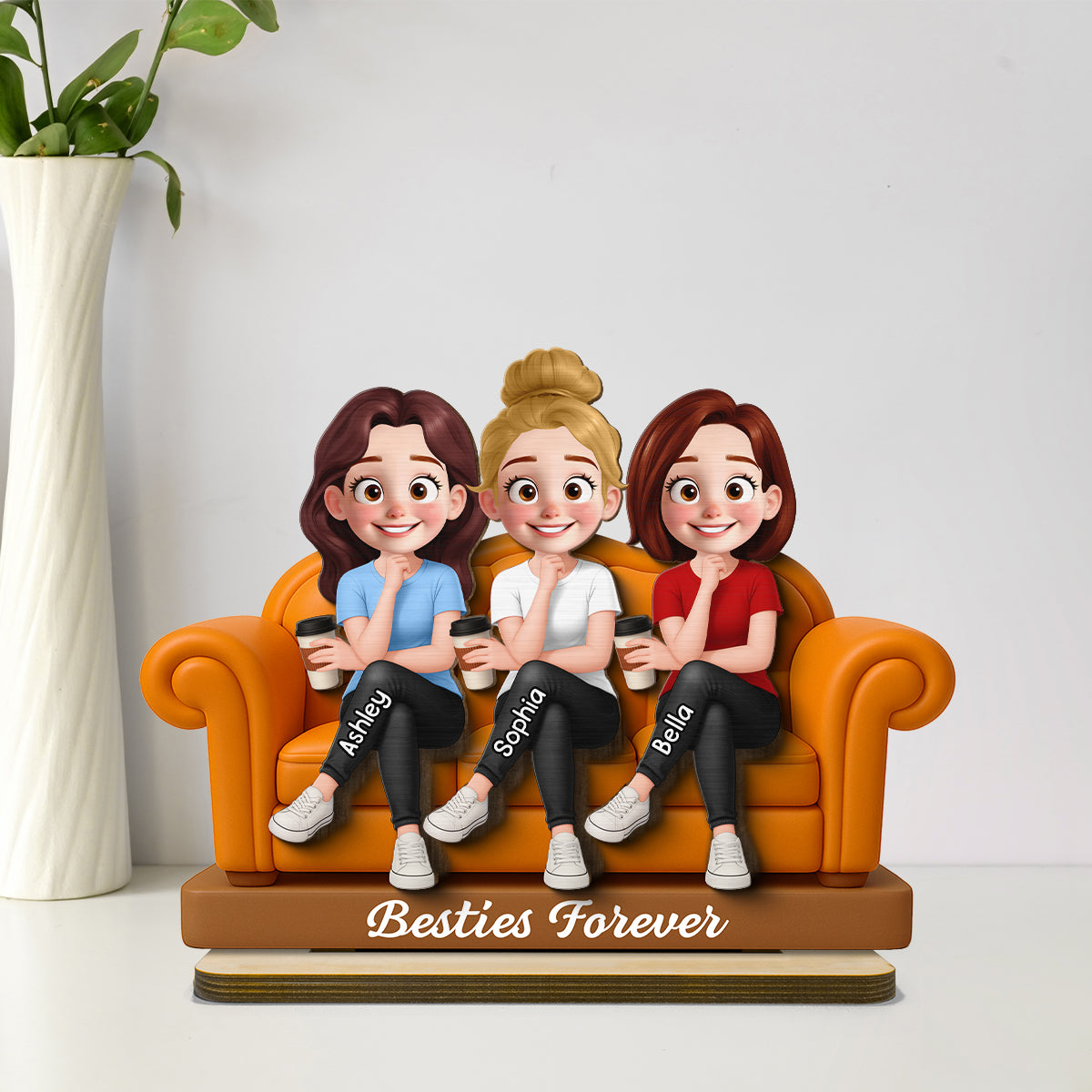 Besties Sitting On Sofa Personalized Wooden Standing Plaque, Gift for Besties, Sisters, Best Friends