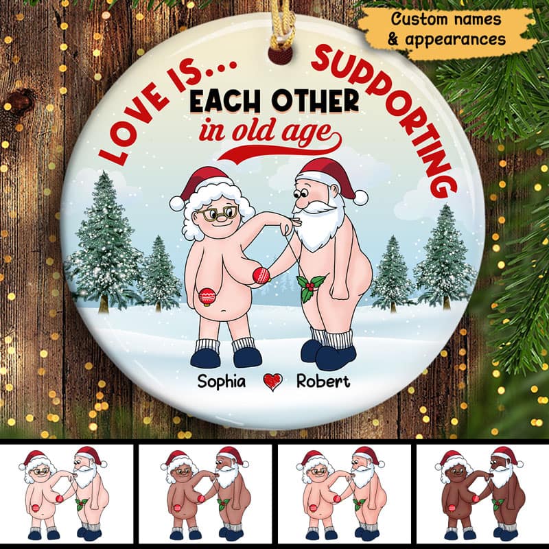 Funny Old Couple Love Is Supporting In Old Age Christmas Personalized Circle Ornament