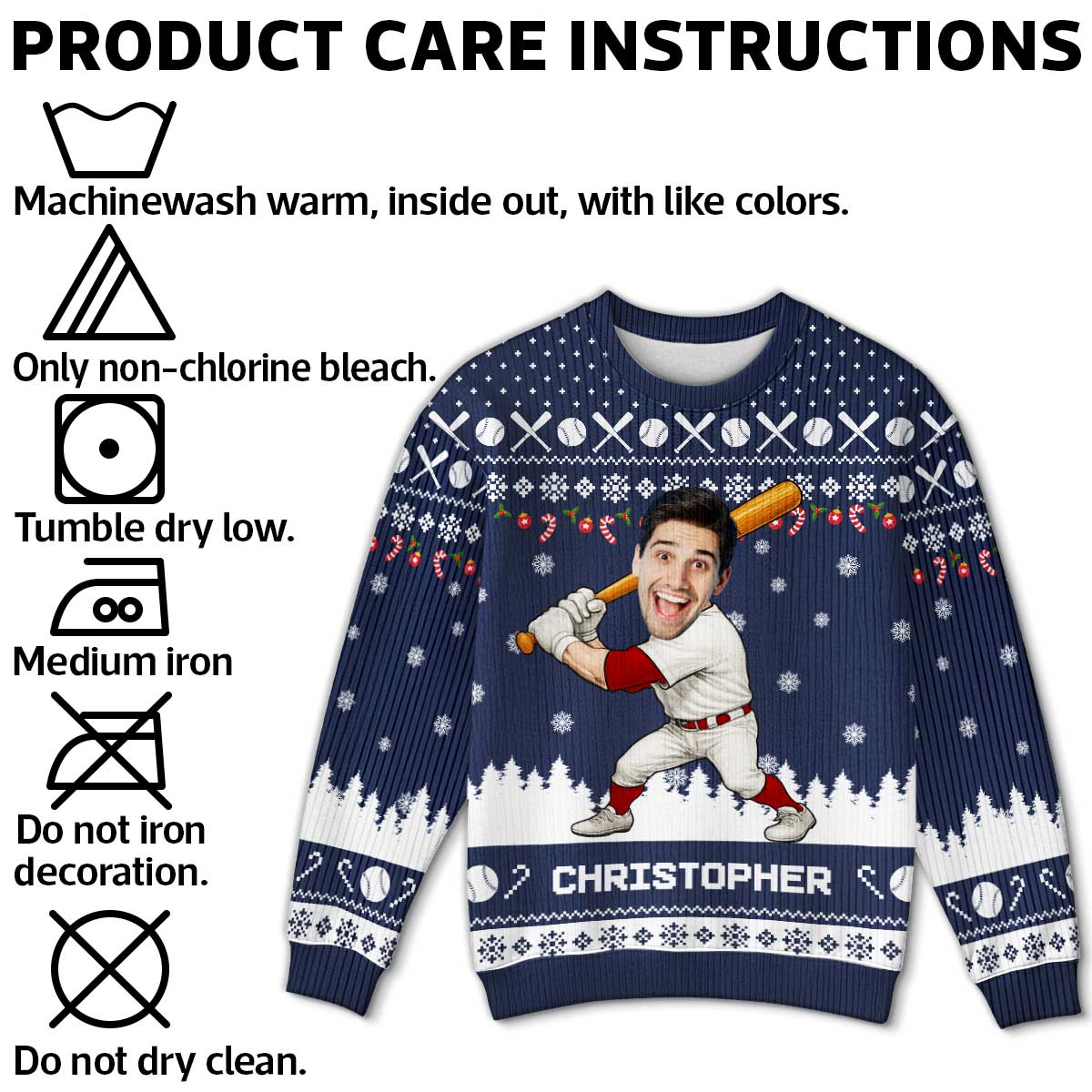 Baseball Player Custom Face Photo - Personalized Faux Knitting Ugly Sweater - Christmas Gift For Baseball Lover