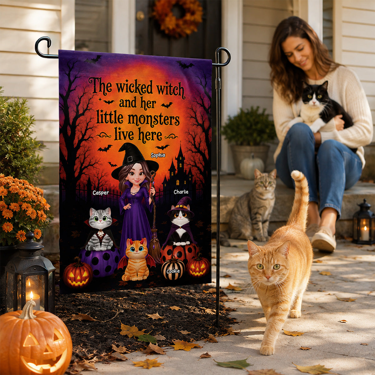 Halloween Wicked Witch And Little Monters Cats - Personalized Garden Flag