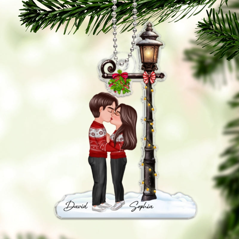 Couple Kissing Under Mistletoe Lamp Post Christmas Decor Personalized Acrylic Ornament