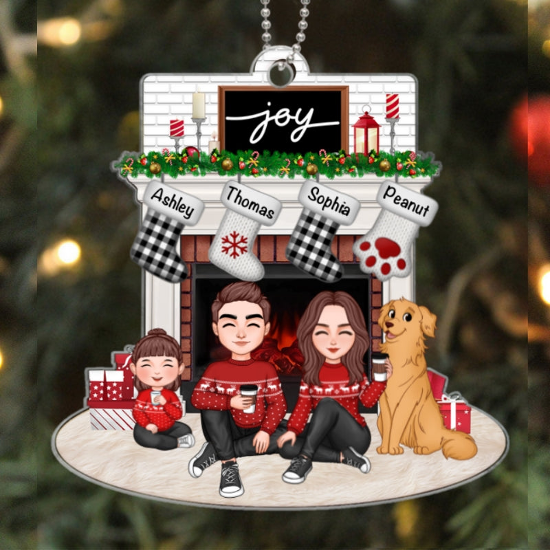 Cute Family Dad Mom Kids Dogs Cats Sitting At Christmas Fireplace - Personalized Acrylic Ornament