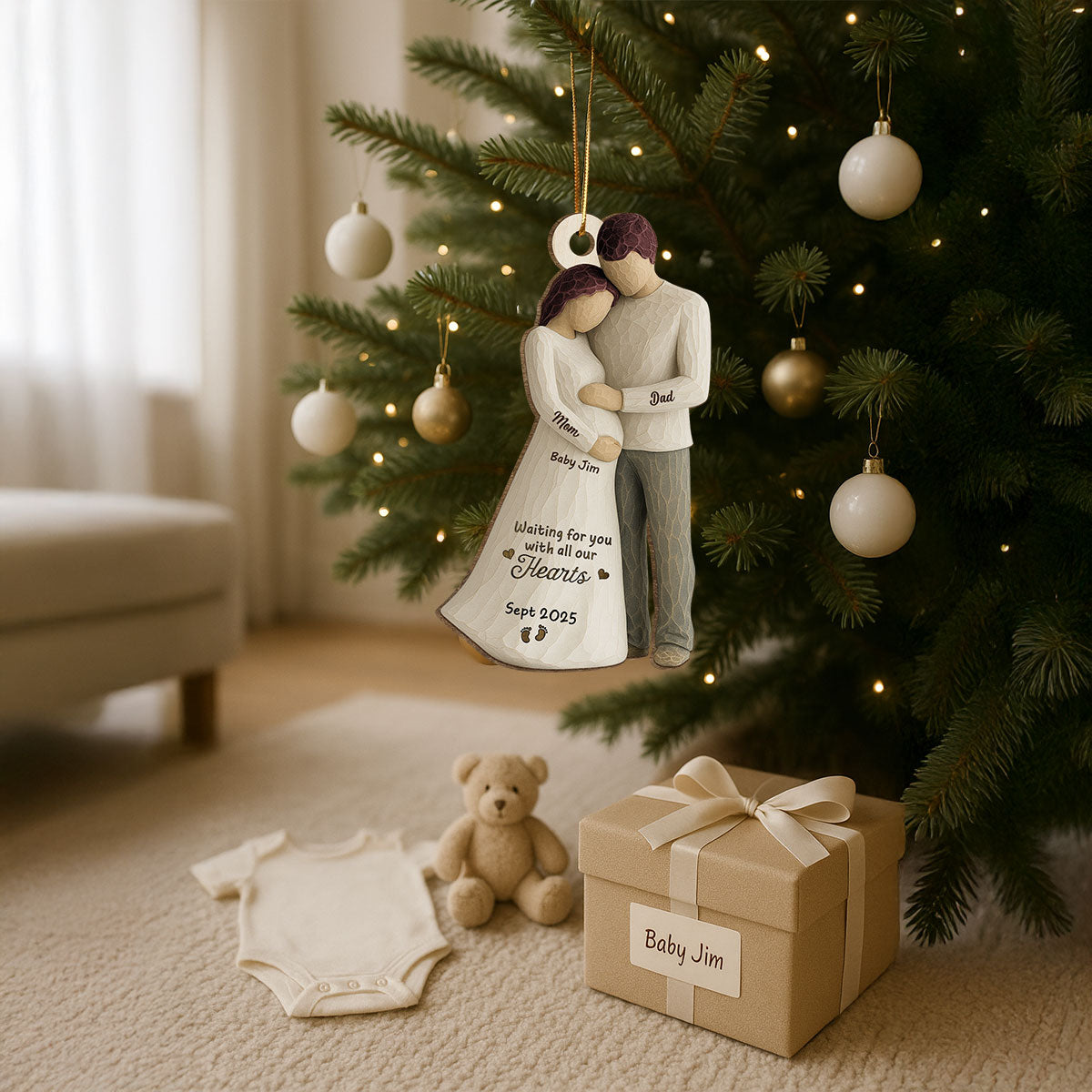 2D Flat Waiting For You With All Our Hearts Couple Expecting Baby - Personalized Wooden Ornament, Baby Shower Gift For Parents-to-be