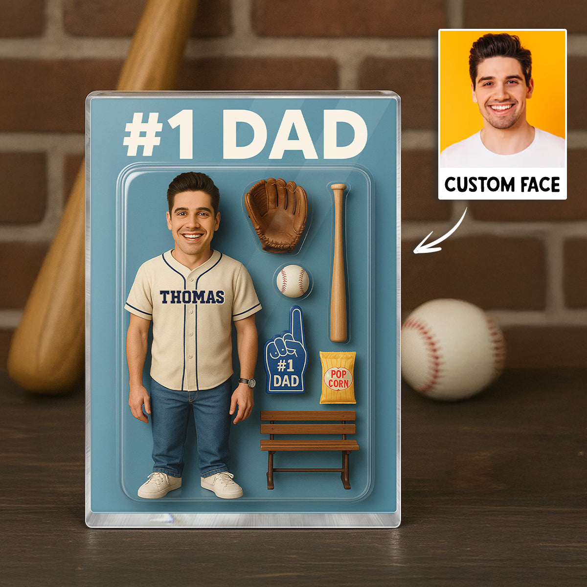 3D Effect Baseball Dad Custom Figure Personalized Rectangle Acrylic Block Plaque