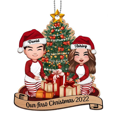 Doll Couple Decorating Christmas Tree Personalized Wooden Ornament