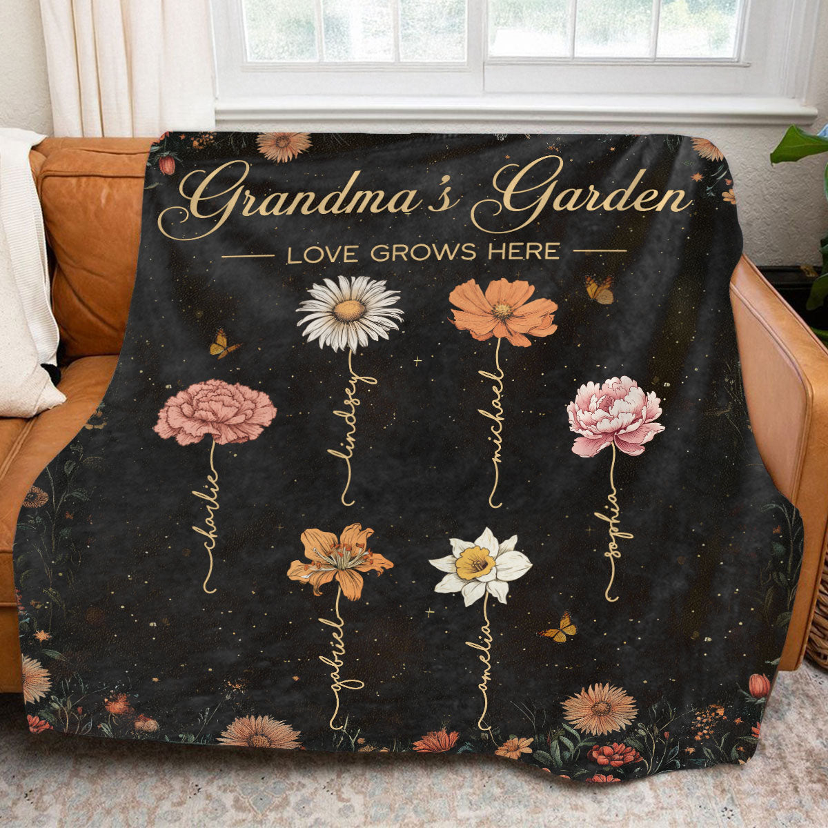 Grandma's Garden Vintage Birth Month Flower Personalized Fleece Blanket, Gift For Grandma