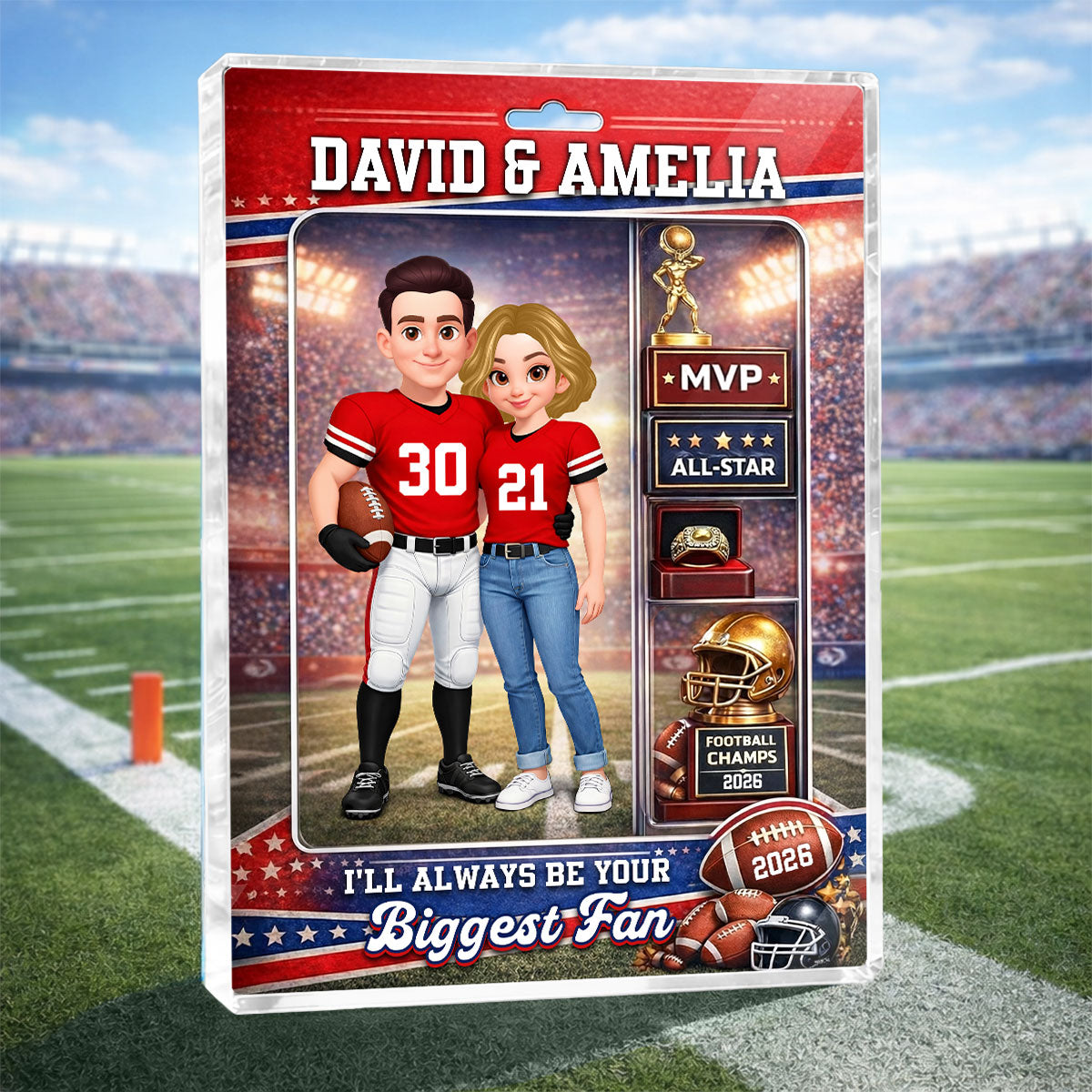 Football Couple Action Figure - Personalized Acrylic Block Plaque - Anniversary, Valentine's Day Gift, Gift For Him, Gift For Her