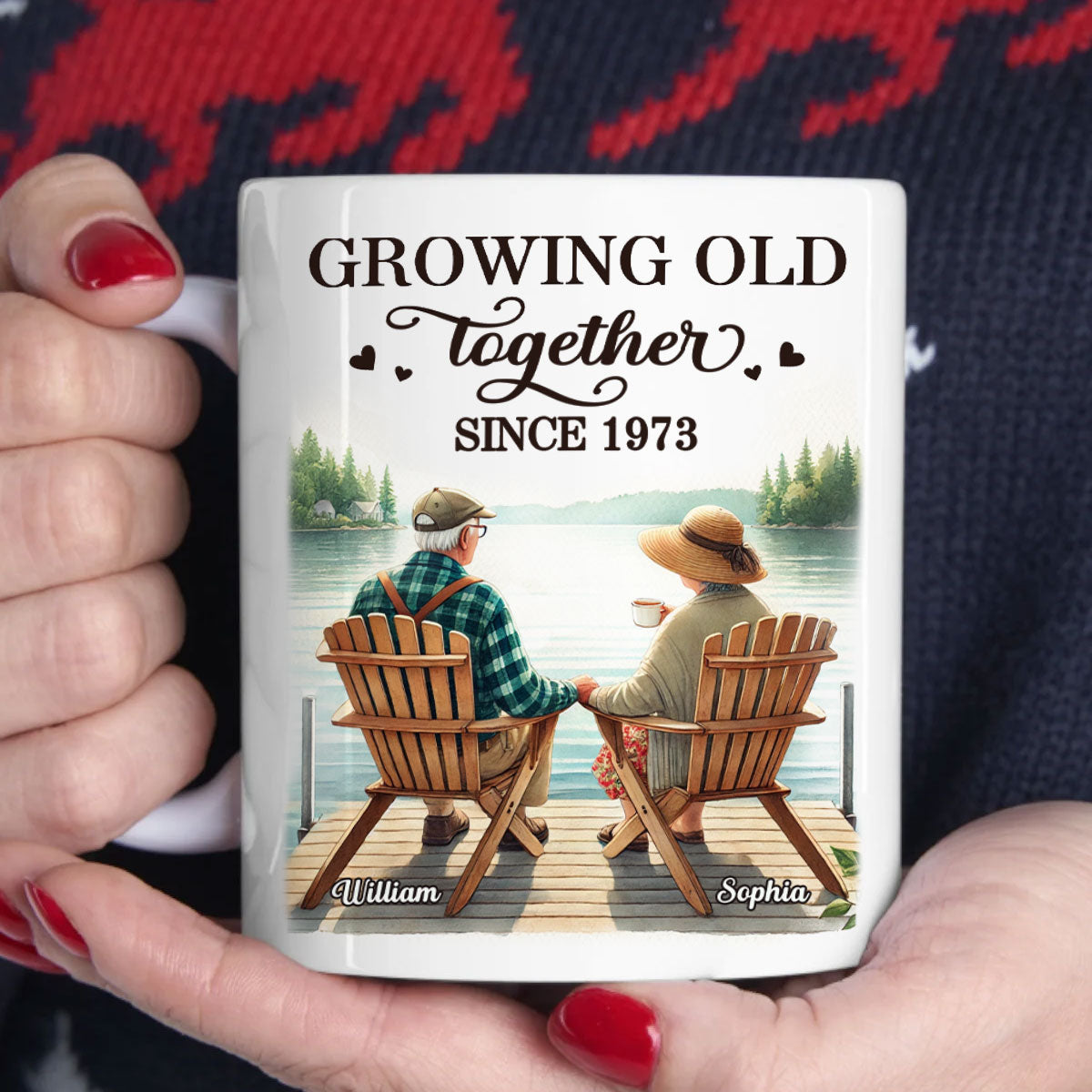 Back View Old Couple Sitting Together On The Lake Dock Personalized Mug, Heartfelt  Gift For Him, For Her, Husband, Wife