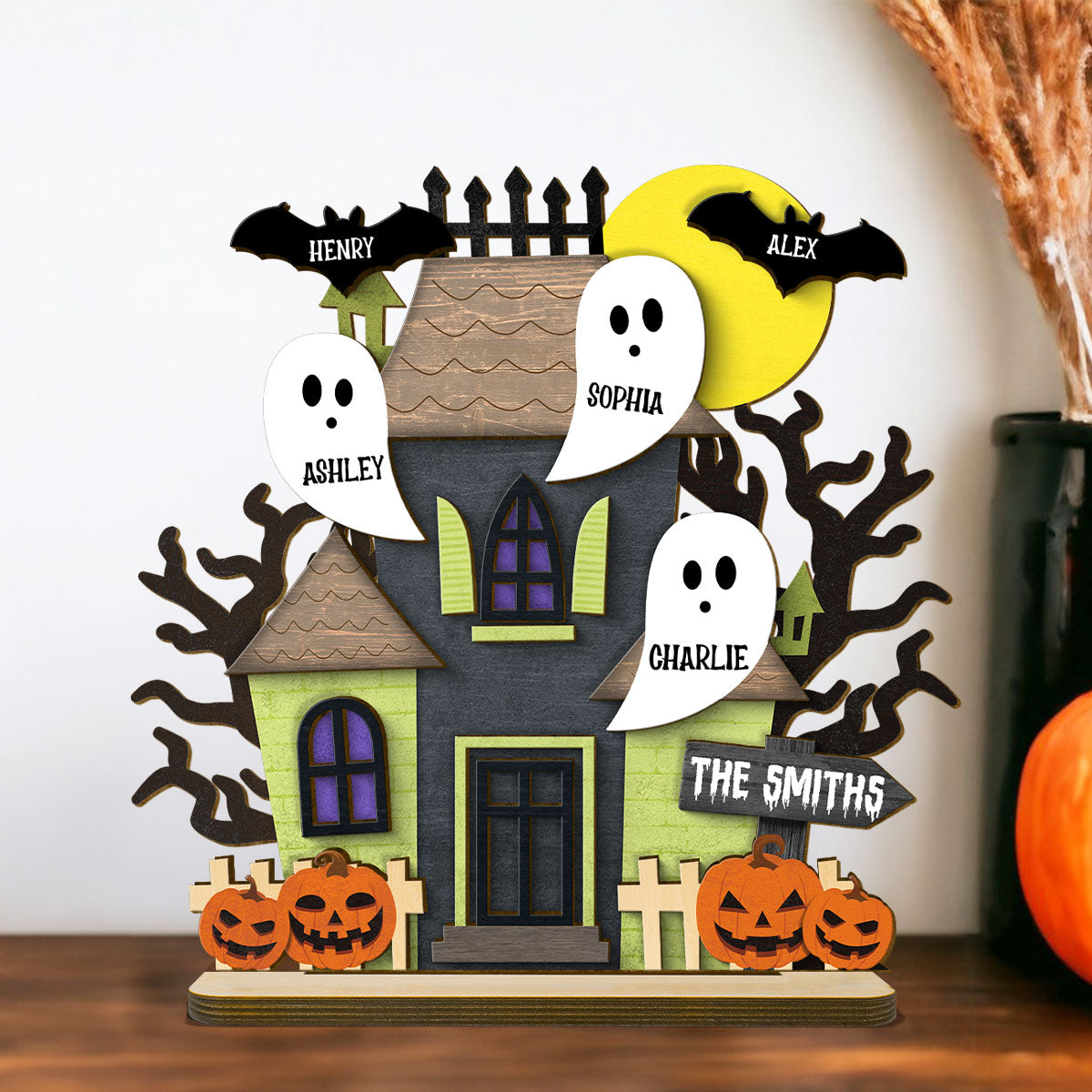 Grandma Family Haunted House Boo Flying Personalized Standing Wooden Plaque, Halloween Decor