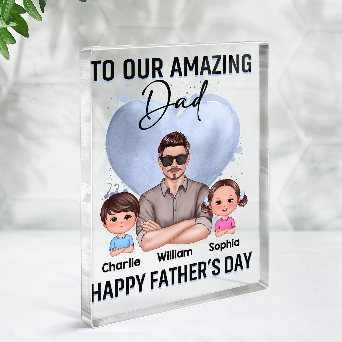 To Amazing Dad Grandpa Blue Heart Real Man And Kids Personalized Rectangle Acrylic Block Plaque