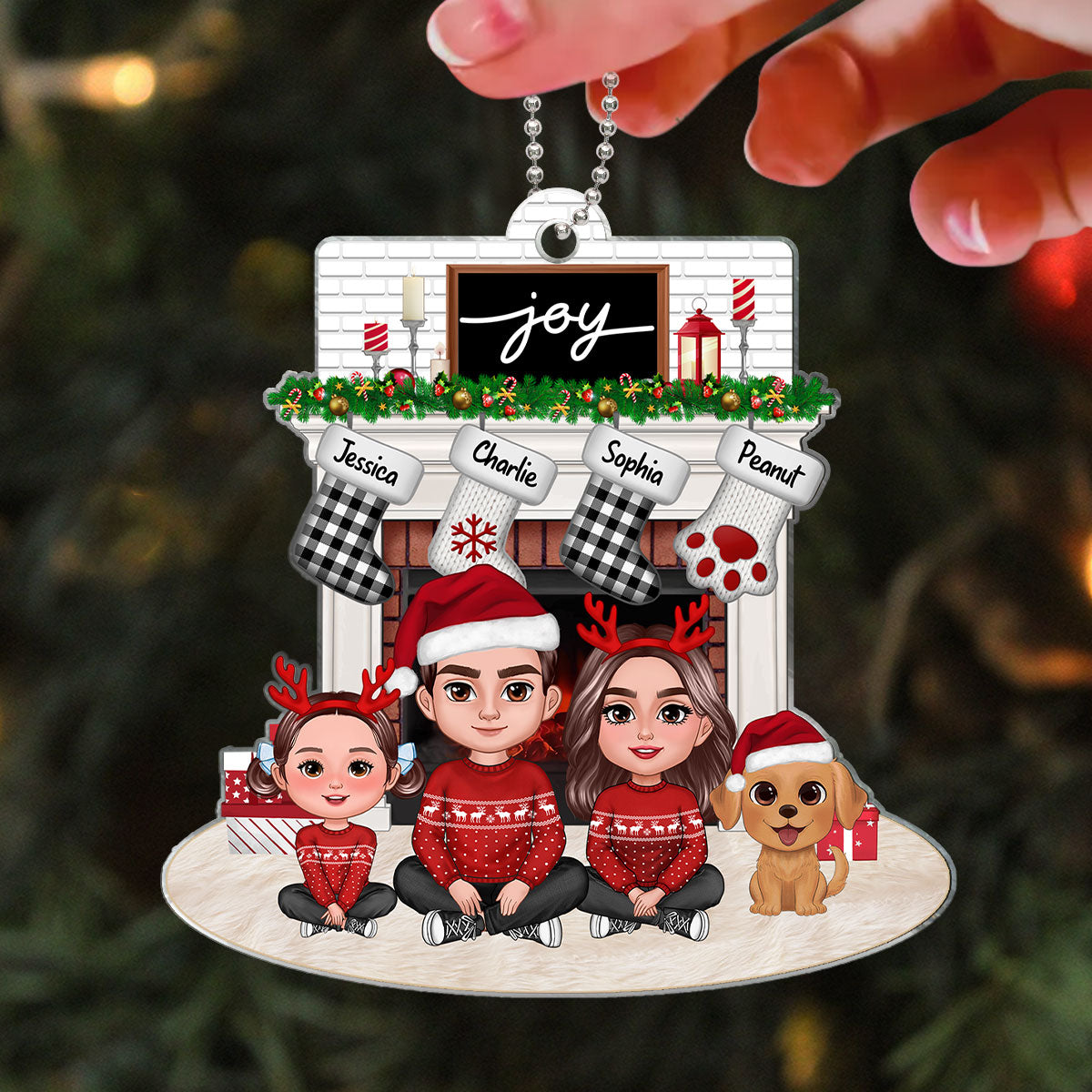 Family Dad Mom Kids Dogs Cats Crossed Legs Sitting At Christmas Fireplace Personalized Acrylic Ornament