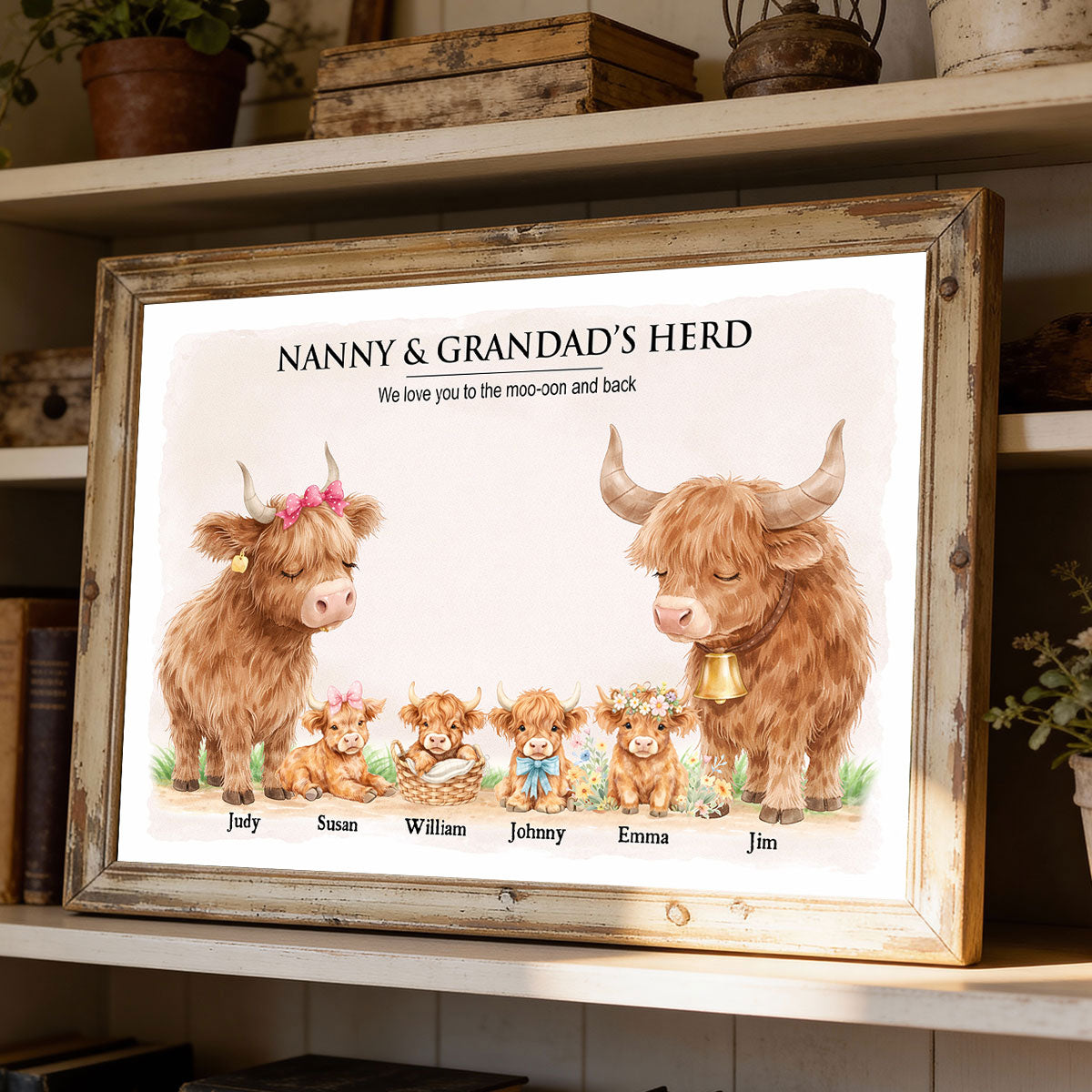 Nanny & Grandad's Herd Highland Cow Family - Personalised Poster - UK Mother's Day Gift for Grandma, Grandpa