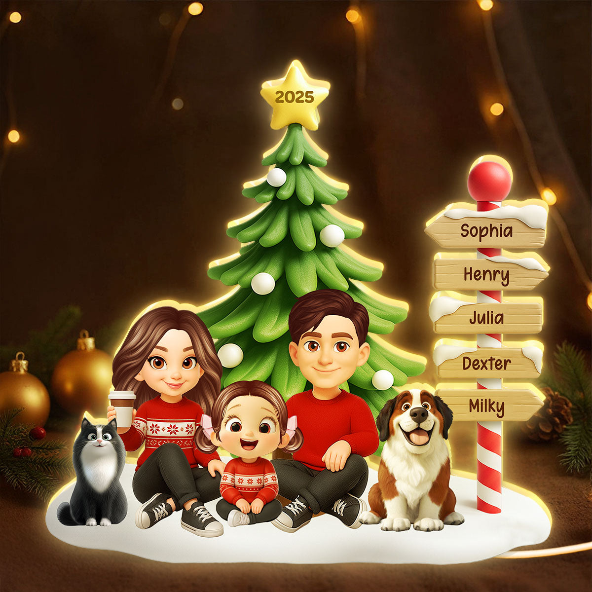 Family Sitting Christmas Directional Signpost - Personalized Light Box - Festive Christmas Decor, Christmas Gift for her, Gift for him
