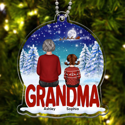 Grandma Grandkids Back View Sitting Snowball Christmas Personalized Acrylic Ornament