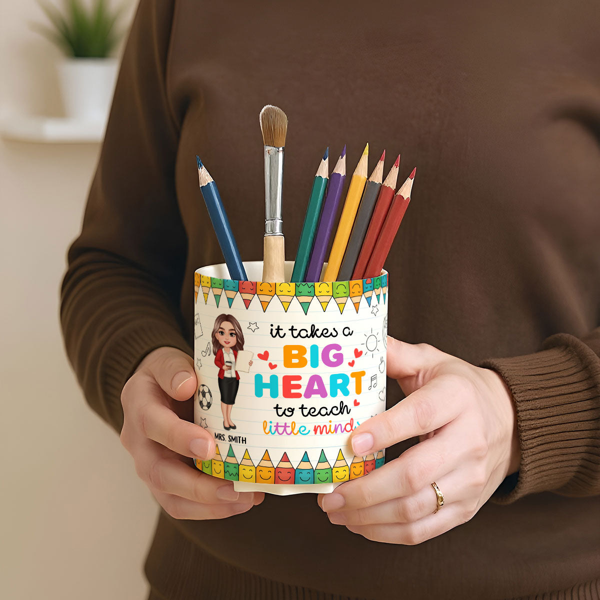 It Takes a Big Heart to Shape Little Mind Doodle Pattern Personalized Rotating Pen Holder, Teacher Appreciation Gift, Back To School Gift
