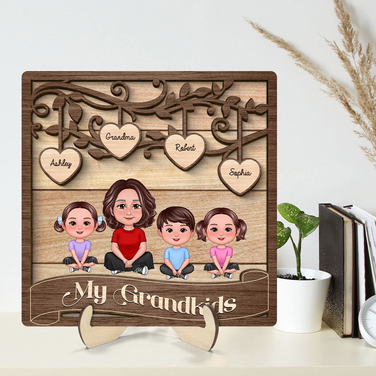 Grandma Grandkids Swirl Tree Hearts Personalized 2-layer Wooden Plaque
