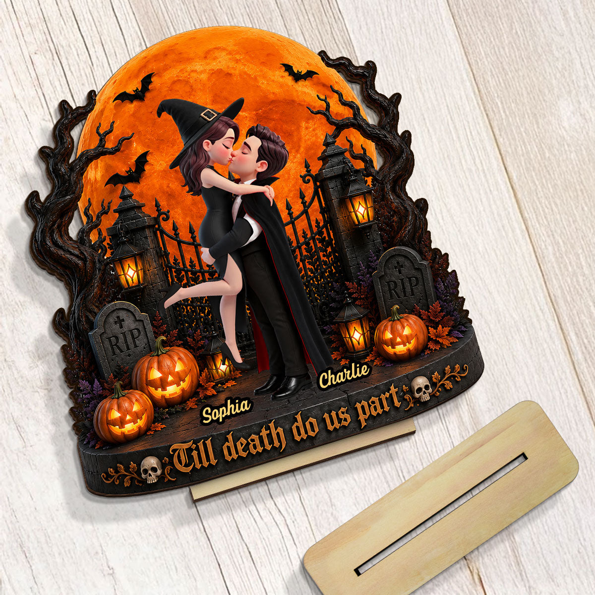 Eternal Love Couple Under Halloween Moon Light - Personalized 2-Layered Wooden Plaque - Halloween Gift For Couple