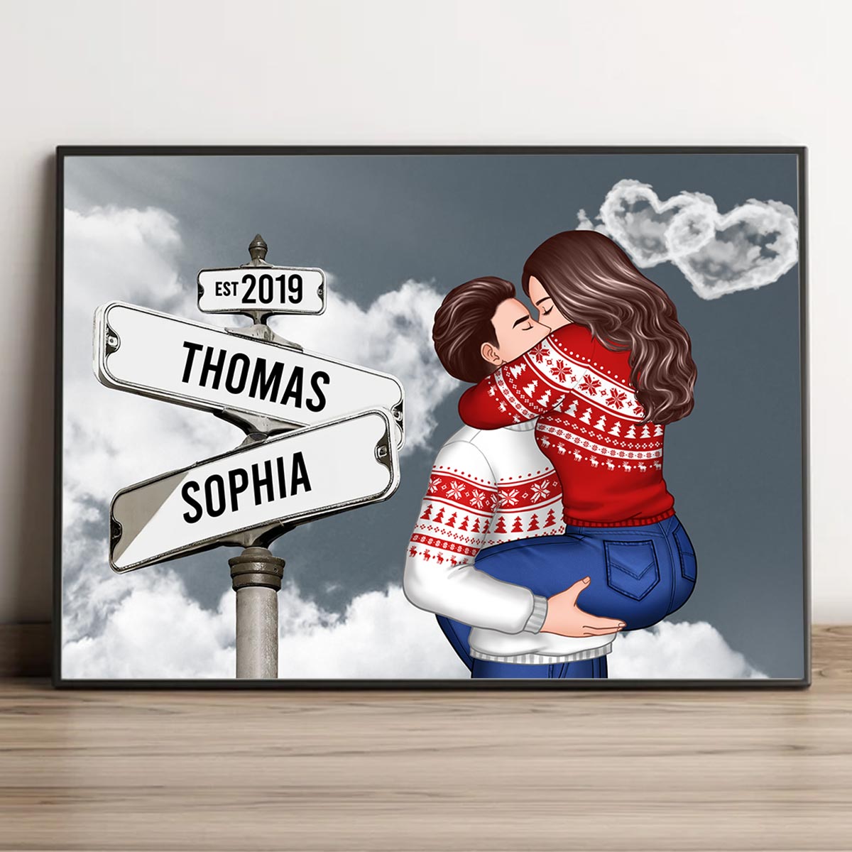 Couple Hugging Kissing, Sign Post Personalized Poster, Christmas Gift For Him, Gift For Her