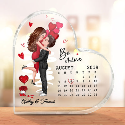 Be Mine Couple Kissing Calendar Personalized Acrylic Heart Plaque - Gift For Him Gift For Her
