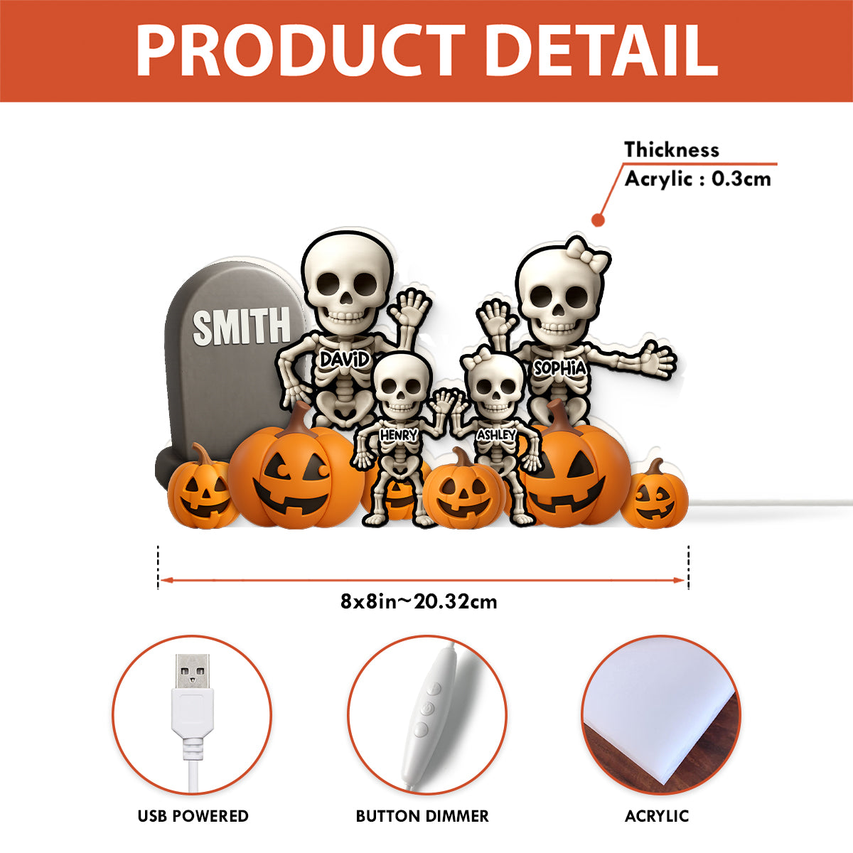 Cute Skeleton Halloween Standing 3D Effect Personalized Light Box
