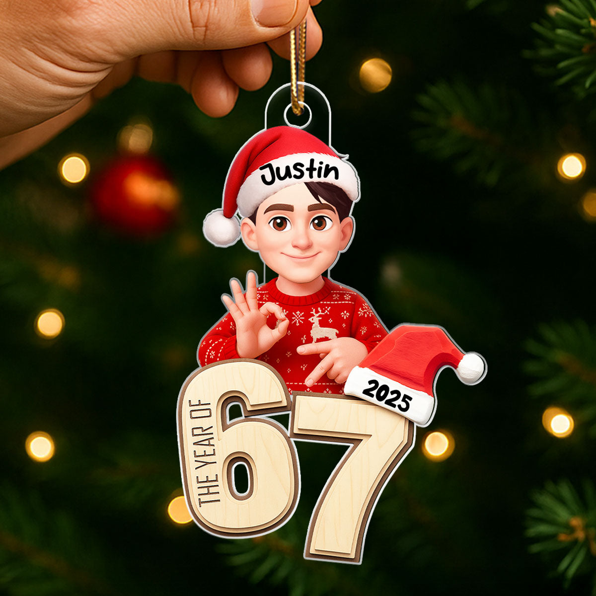Christmas Pattern Custom Six Seven 67 - Personalized Acrylic Ornament - Teen Slang Funny Tree Decor, Funny Teen Grandkid Gift