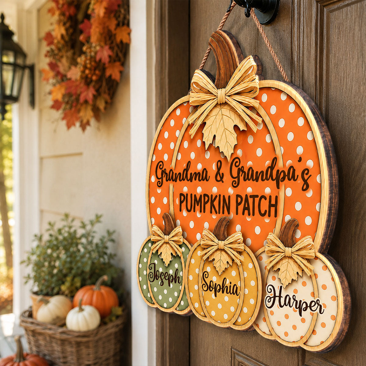 Grandma & Grandpa's Pumpkin Patch Polka Dot 2D Flat Printed - Personalized Door Hanger - Fall Season Decor For Grandparents