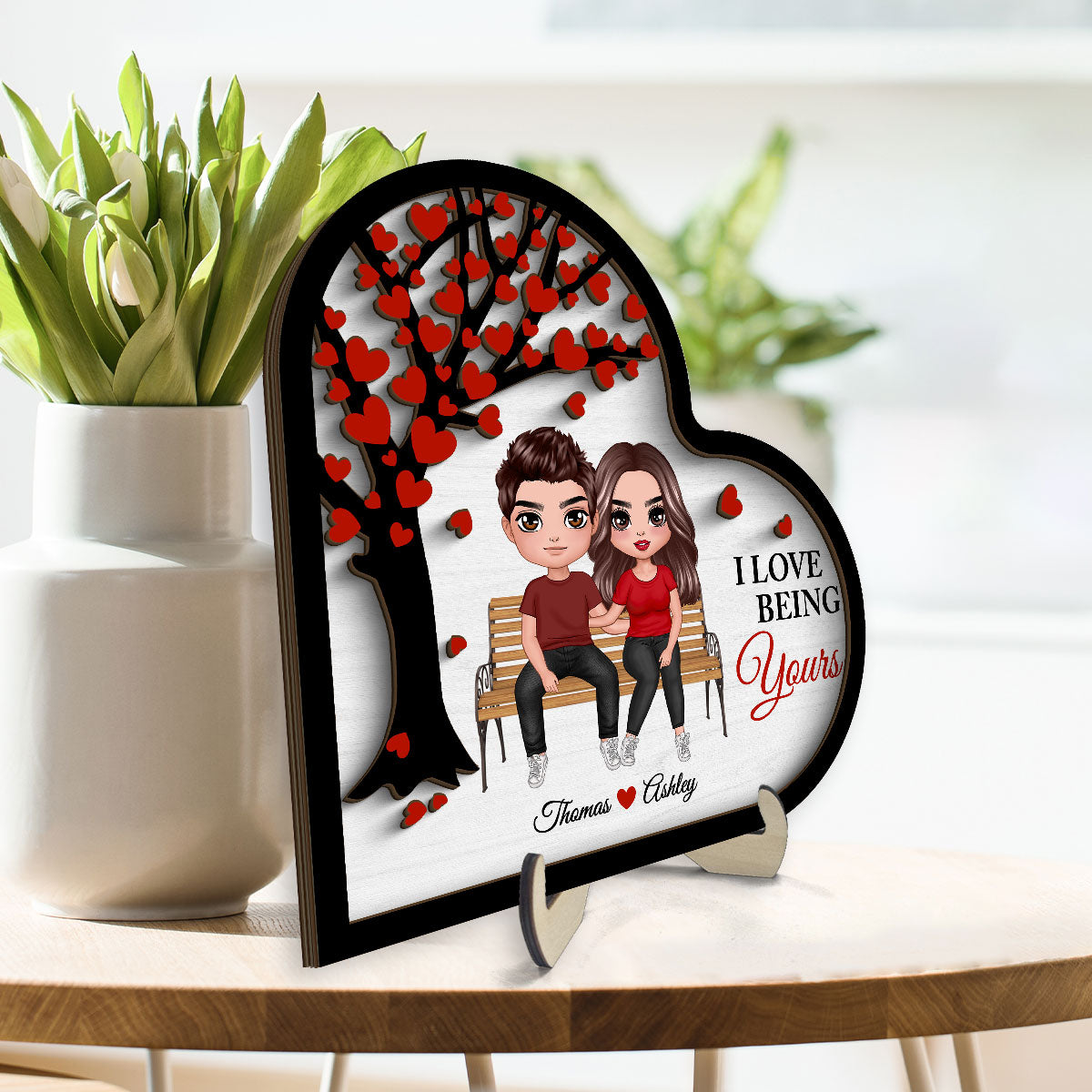 Couple Sitting On Bench Under Tree Valentine‘s Day Gift For Her Gift For Him Personalized 2-Layer Wooden Plaque