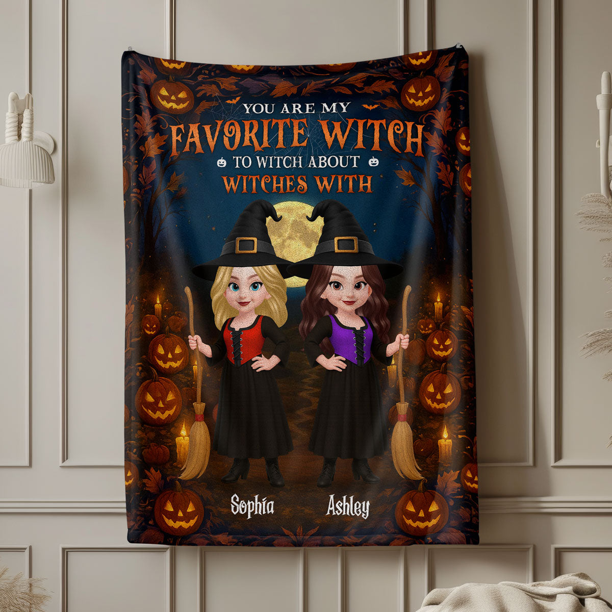 Halloween Magical Theme Witches Besties Personalized Fleece Blanket