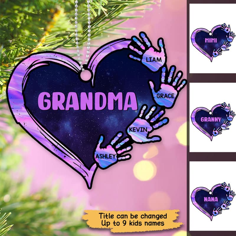 Grandma Mom Heart Handprint Purple Galaxy Personalized Acrylic Ornament