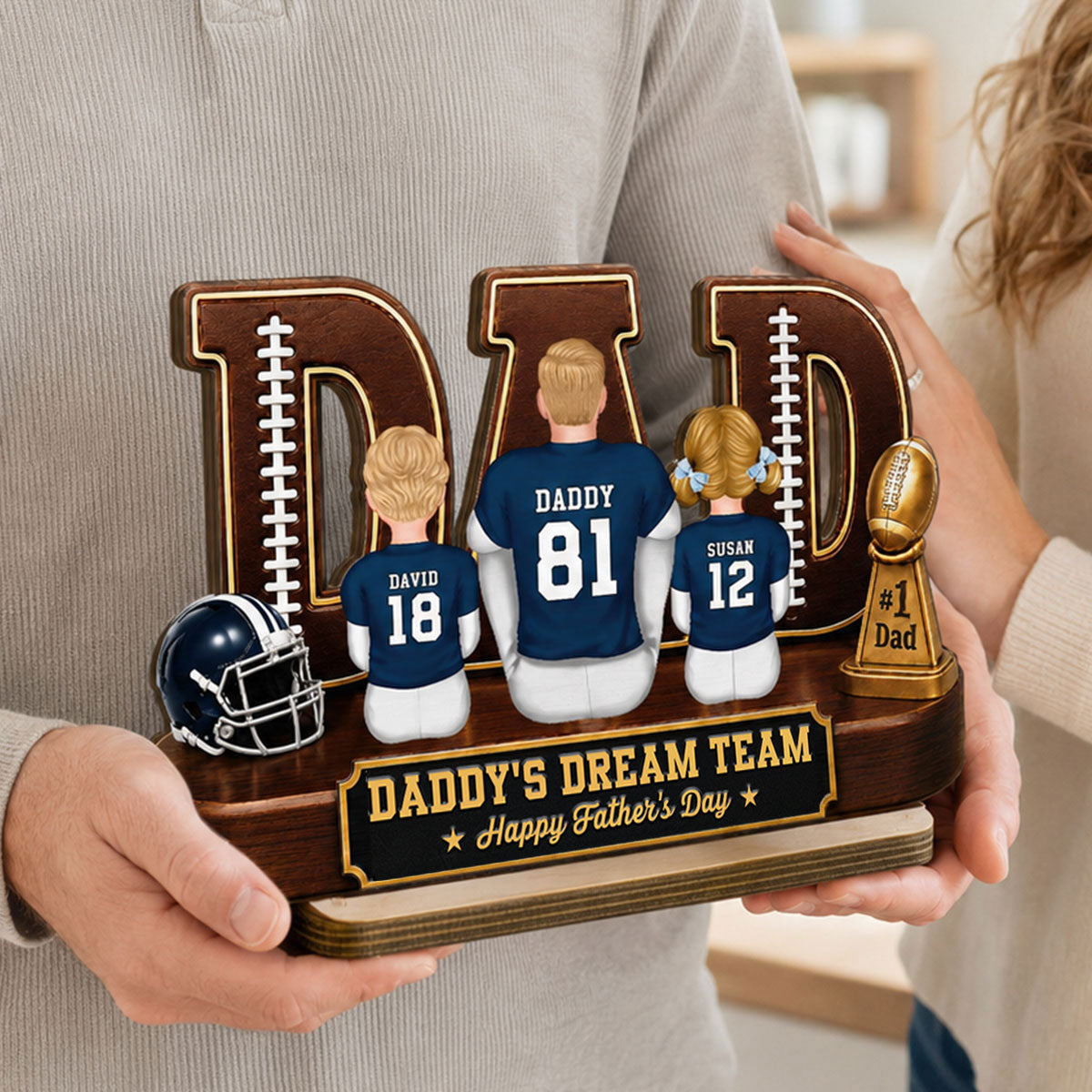 American Football Dad Legend Daddy's Dream Team - Personalized 2-Layered Wooden Plaque - Unique Trending Father's Day Gift For Dad, Husband, Football Fans