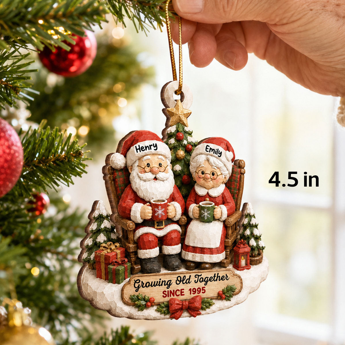 Rustic Vintage Santa Couple Growing Old Together - Personalized Wooden Ornament - Christmas Gift For Couple