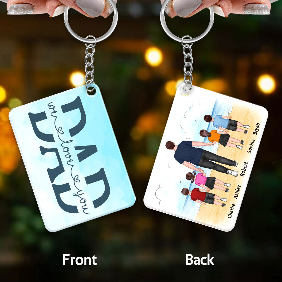 Best Dad Ever Back View Walking Dad & Kids On Beach Personalized Acrylic Keychain