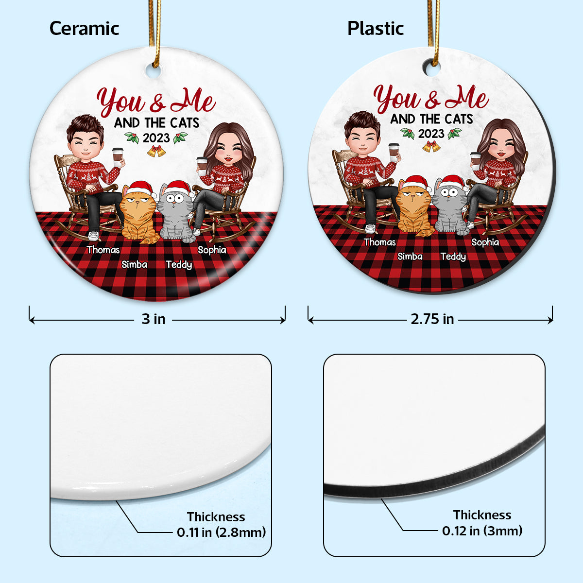 You Me & The Cats Doll Couple Checkered Pattern Personalized Circle Ornament