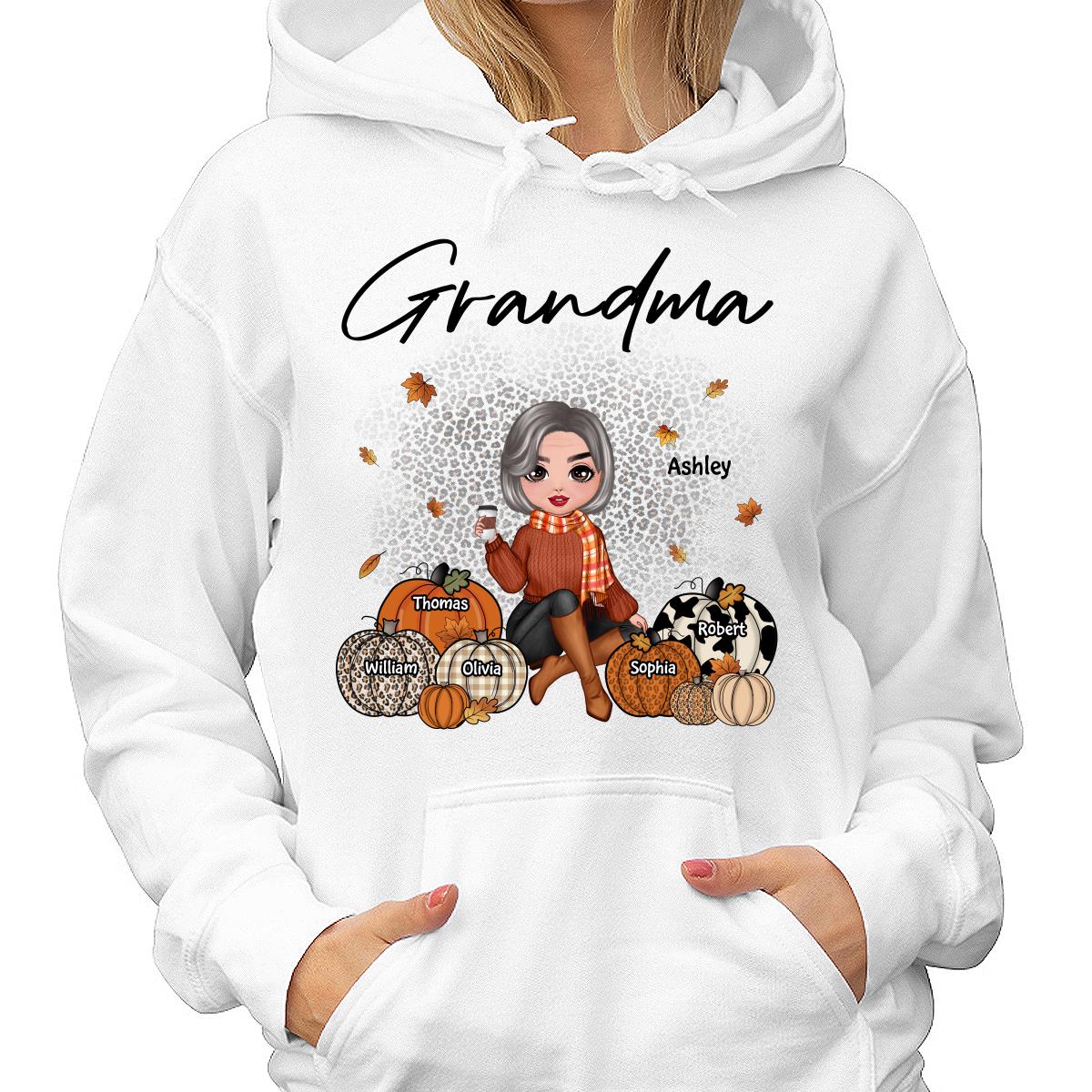 Fall Season Doll Grandma Sitting With Patterned Pumpkins Kids Names Personalized Shirt