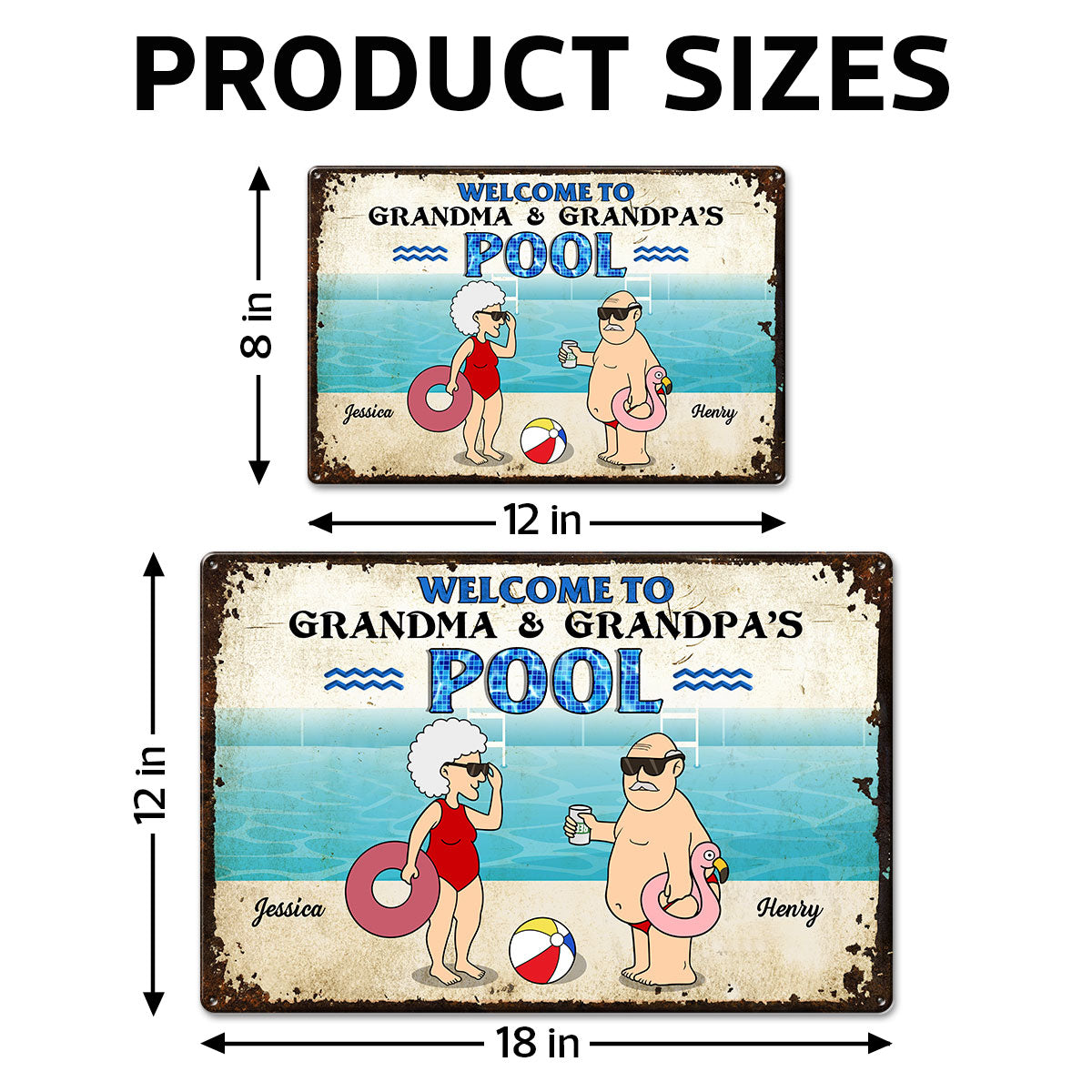 Welcome To Grandma Grandpa Pool, Funny Cartoon Personalized Metal Sign