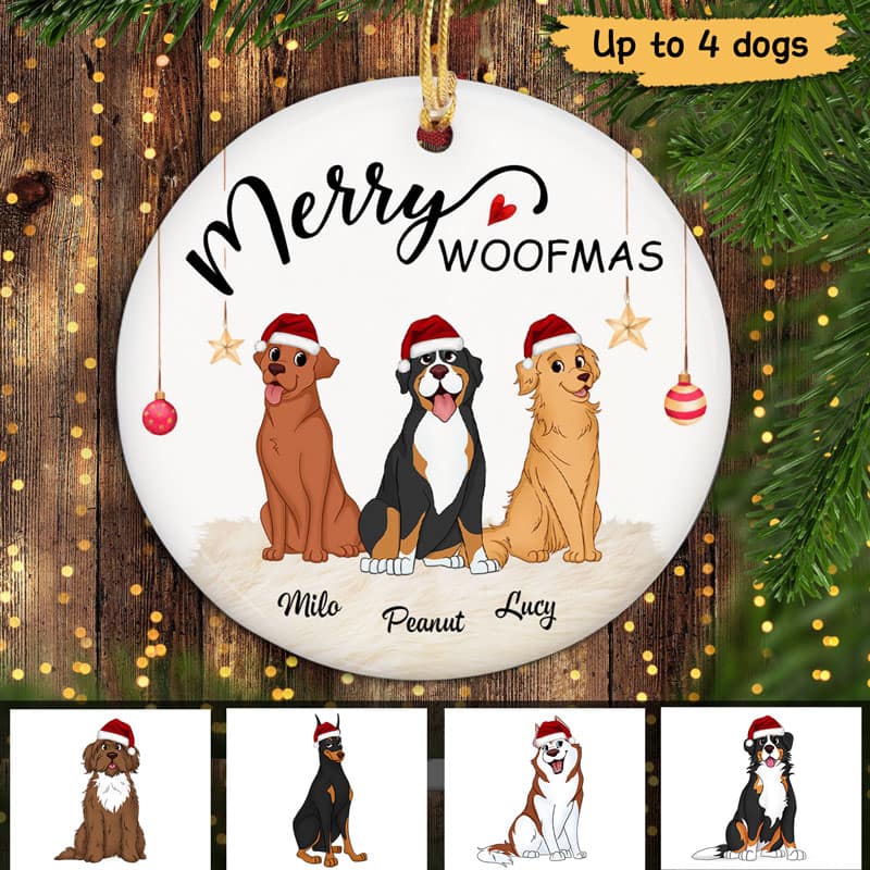 Cute Sitting Dogs Merry Woofmas Christmas Personalized Circle Ornament