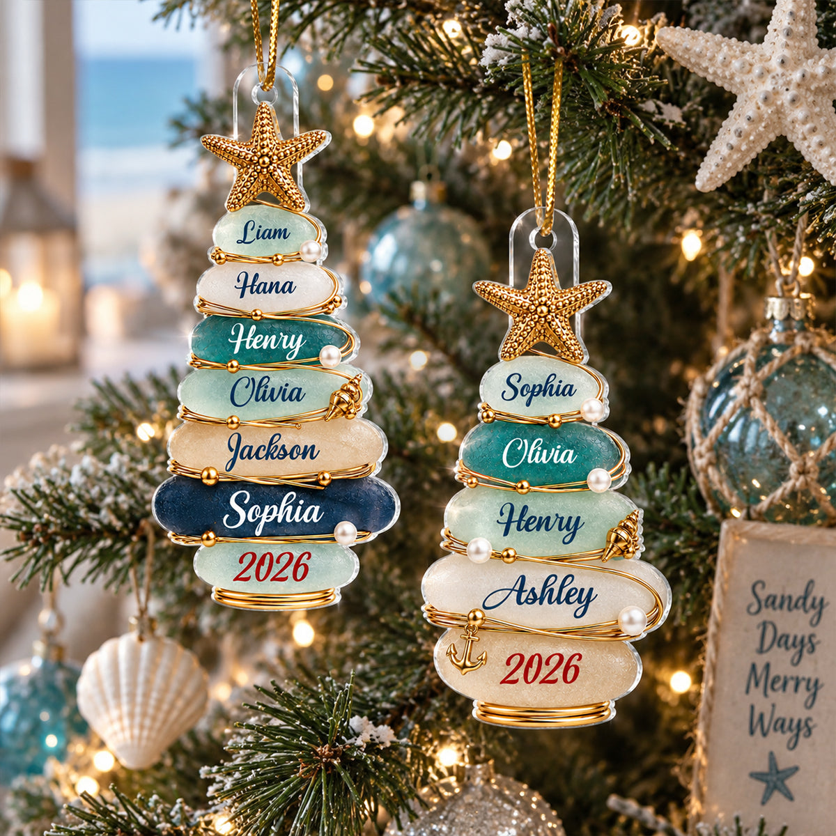 Custom Family Christmas Tree 2D Flat - Personalized Acrylic Ornament - Beach Coastal Keepsake, Grandkids Gift