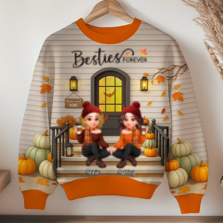 Fall Season Best Friends Sisters Front Porch Personalized 3D Sweatshirt