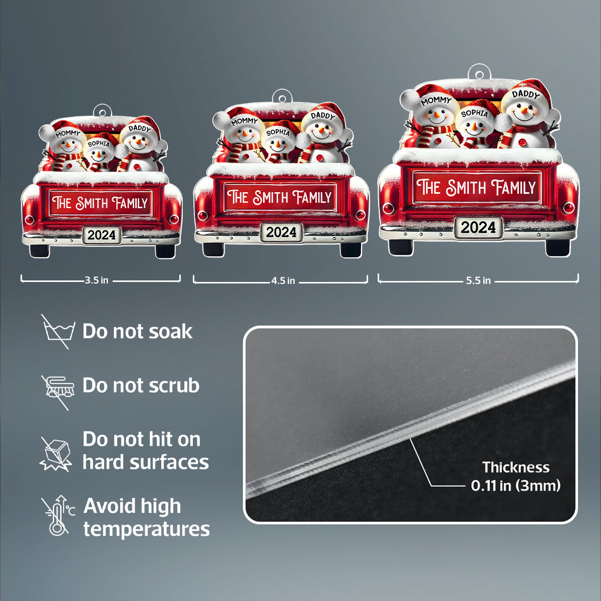 Personalized Snowman Family Acrylic Christmas Ornament, Red Truck Custom Name 3D Effect Ornament