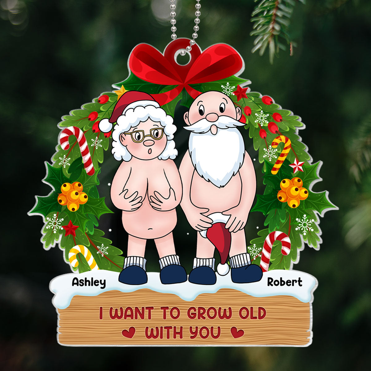 Funny Old Couple Christmas Wreath Personalized Acrylic Ornament