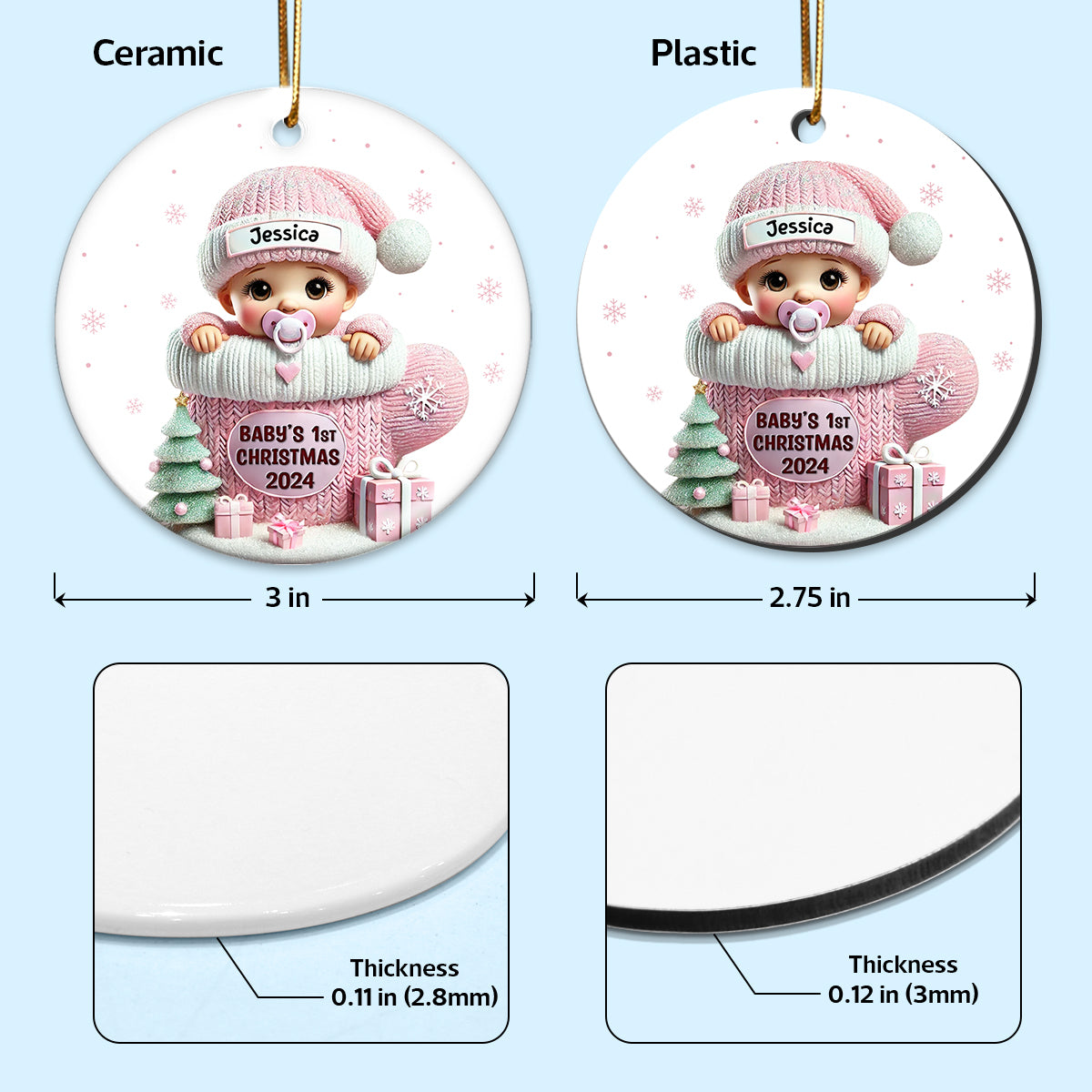 Baby In Mitten 3D Effect Baby's First Christmas Personalized Ceramic Flat Ornament