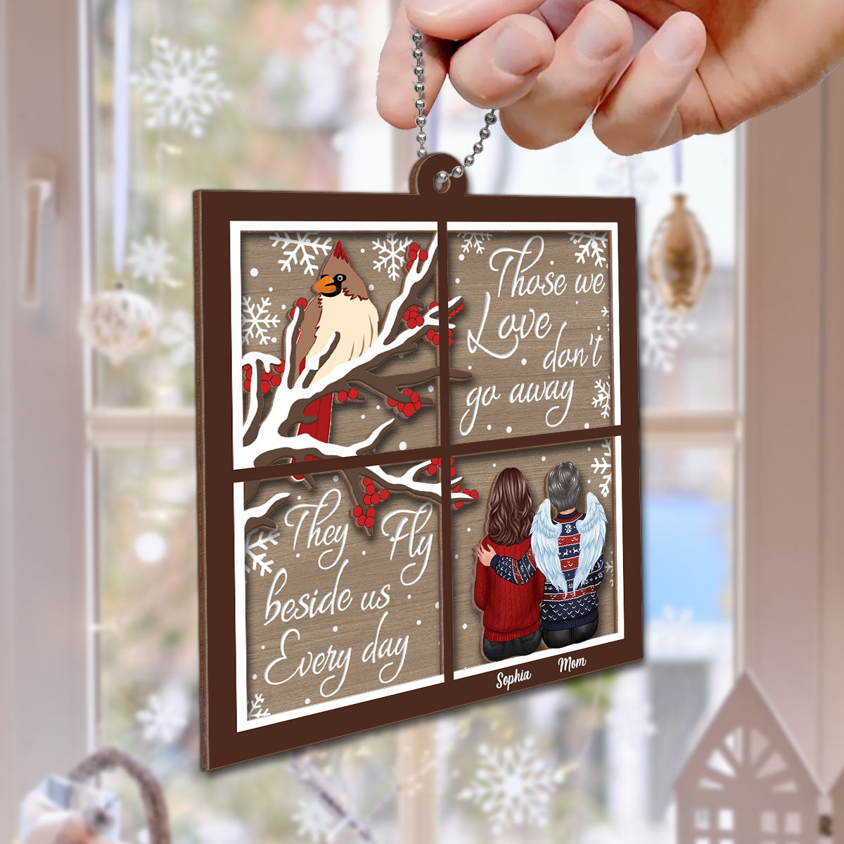 Cardinal Memorial Window Shaped Personalized 2-Layer Wooden Ornament