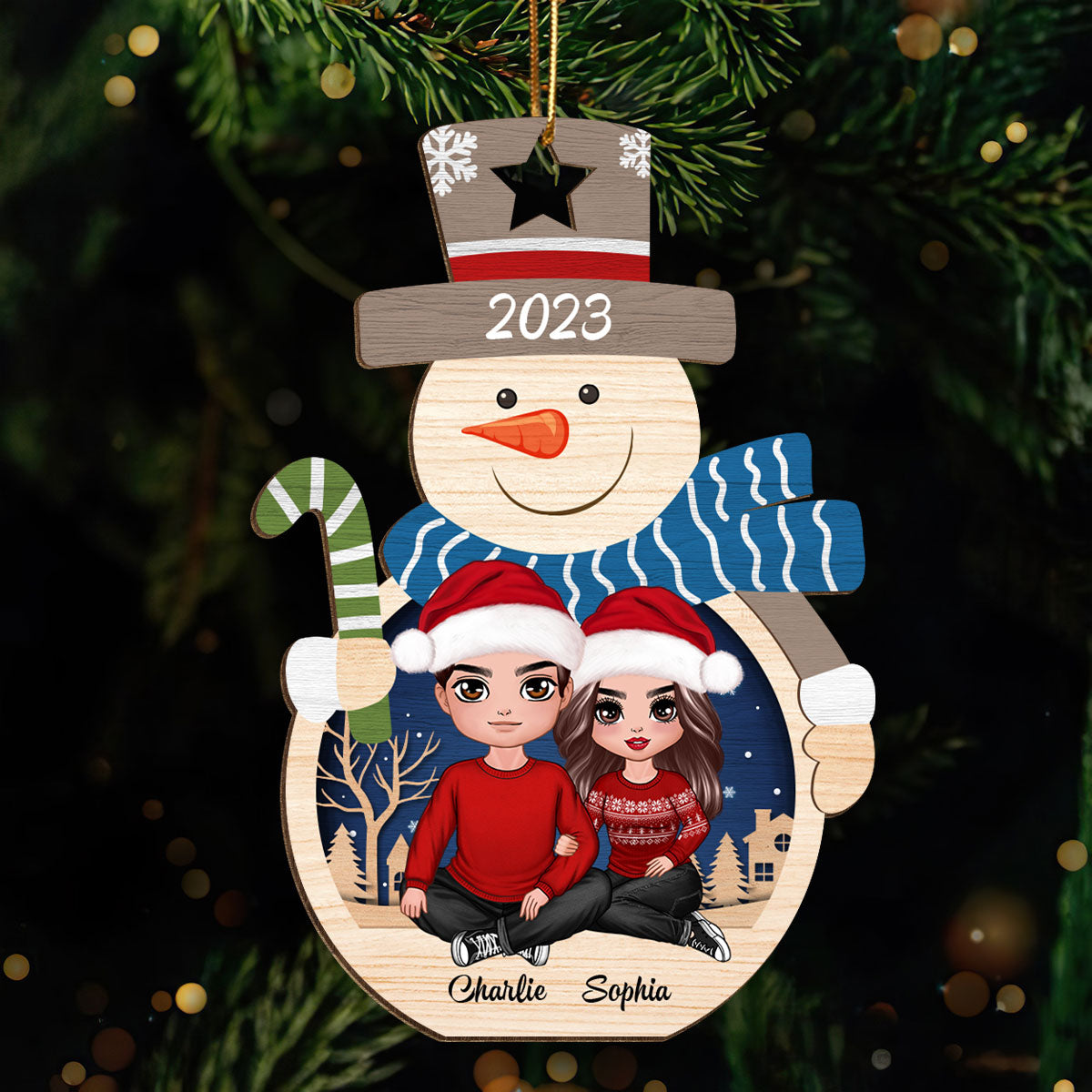Couple Sitting Inside Snowman Personalized Wooden Ornament