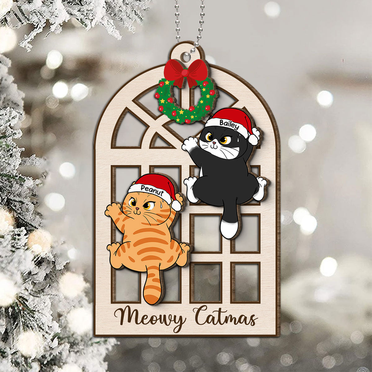Meowy Catmas Cats Climb Window Personalized 2-Layer Wooden Ornament
